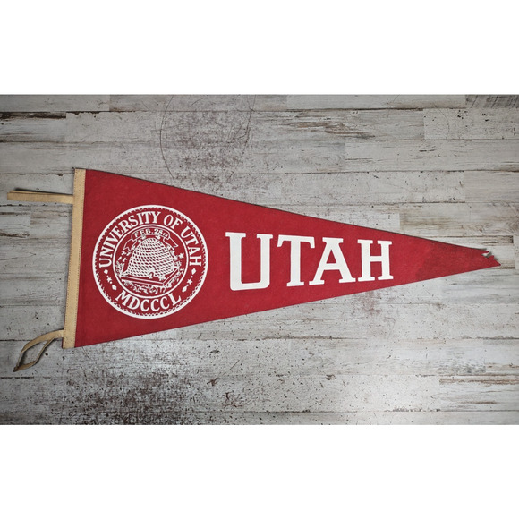 Vintage University of Utah Beehive Logo Felt Pennant Flag MDCCCL 1850 Red White - Picture 1 of 3